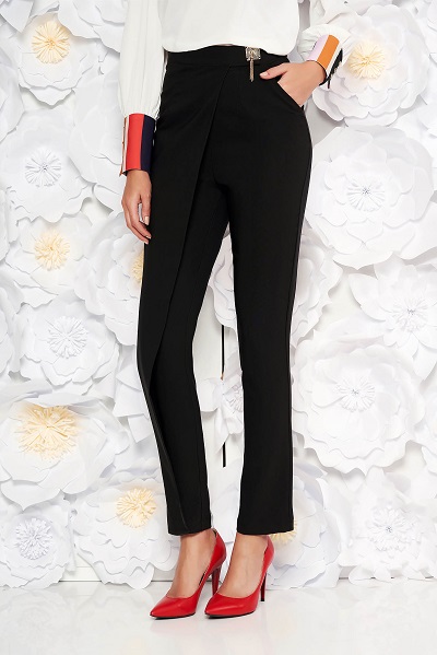 browse Contempt Self-respect Pantaloni damă negri PrettyGirl Sage eleganți cu talie înaltă și accesoriu  metalic | Coton.ro