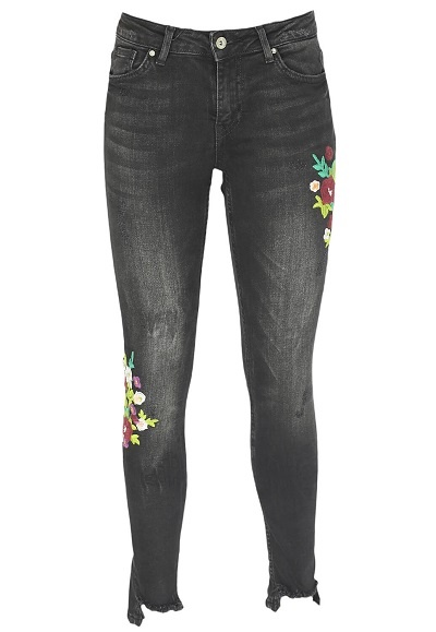 Blugi Zara Q-M24LW strâmți pe picior, cu broderie florală, negri | Coton.ro