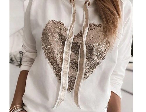 Millicent BQBLY, bluză de damă casual albă din bumbac, cu șnur și imprimeu inimă