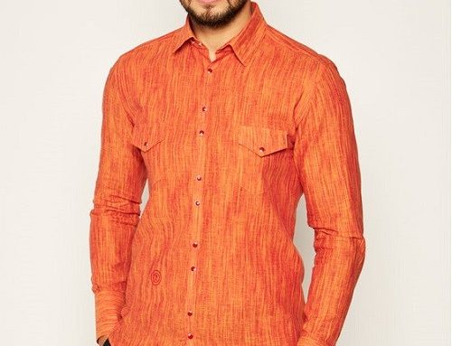 Rage Age QJHML, cămașă slim fit din in pentru bărbați, portocalie, cu buzunare și mâneci lungi
