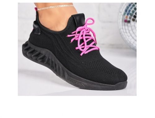 Pantofi sport de damă negri Yena din material textil, cu talpă plată