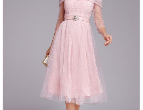 Rochie de seară roz Michelle RQB535Y din tull, cambrată, cu aplicații și centură în talie