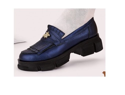 Pantofi de damă Orbin din piele naturală, bleumarin, cu toc plat și talpă joasă